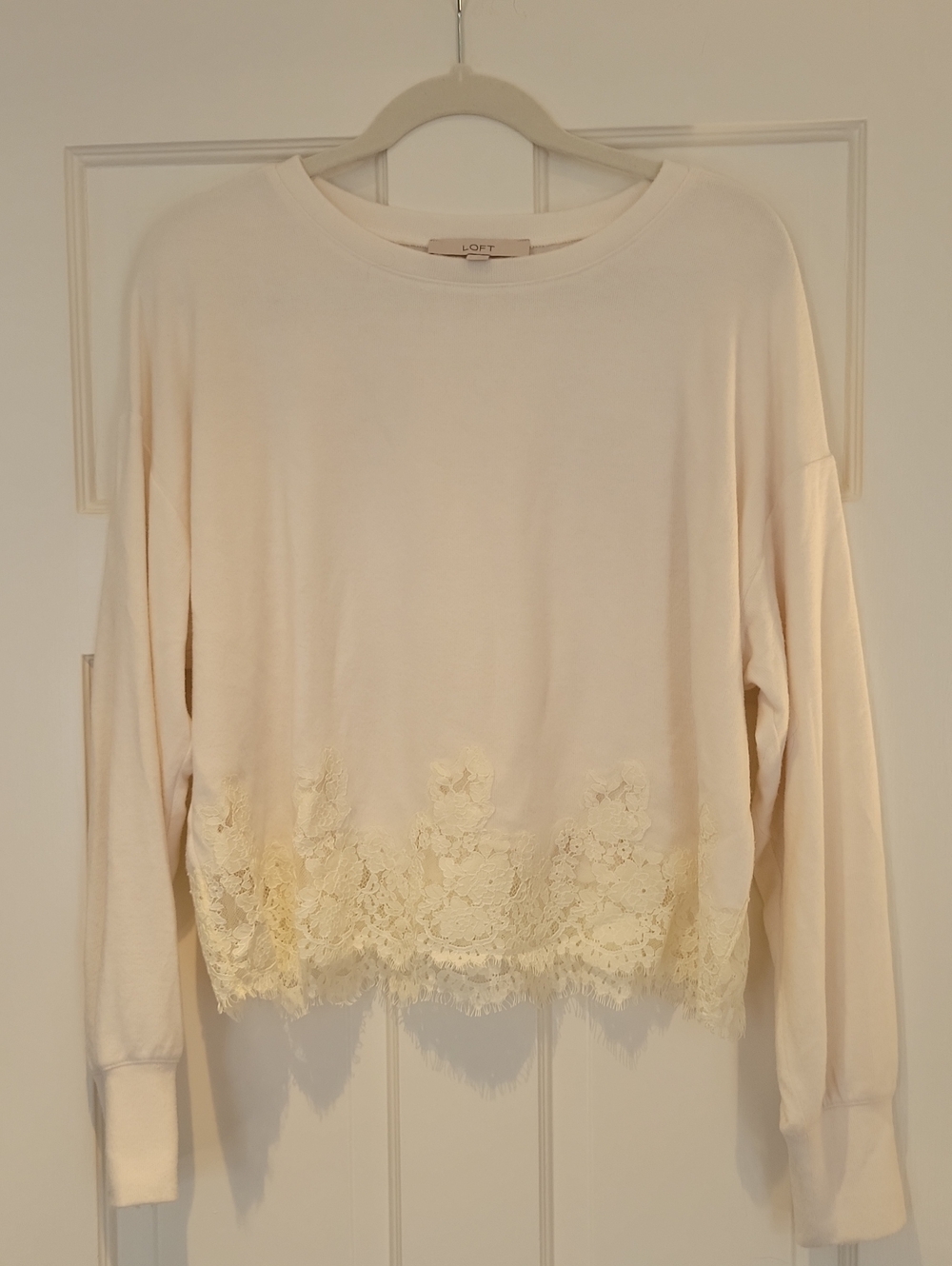 LOFT Cream Lace-Hem Pullover Sweatshirt